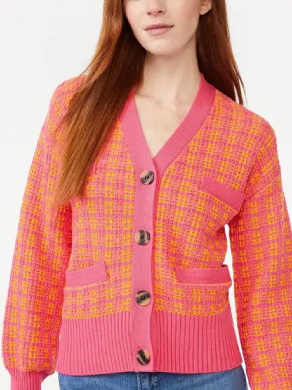 Pink & orange textured tweed v neck button down cardigan cotton nylon size M